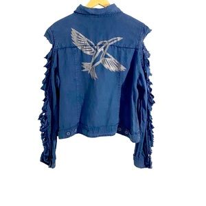 Tommy Bahama Blue Silver Bird Design Two Palms Linen Raw Edge Reworked Jacket,XL